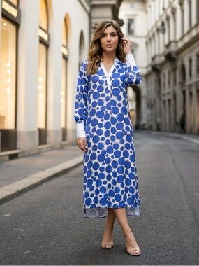 NWT Harshman Women’s Ciel Blue White Polka Dot Raglan Long Sleeve Midi Dress M